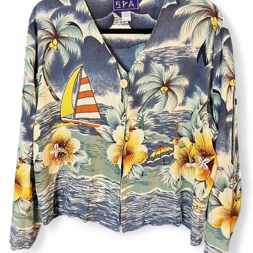 Vintage SPA Hawaiian Beaded Tropical Shirt Indonesia Cotton Womens Large